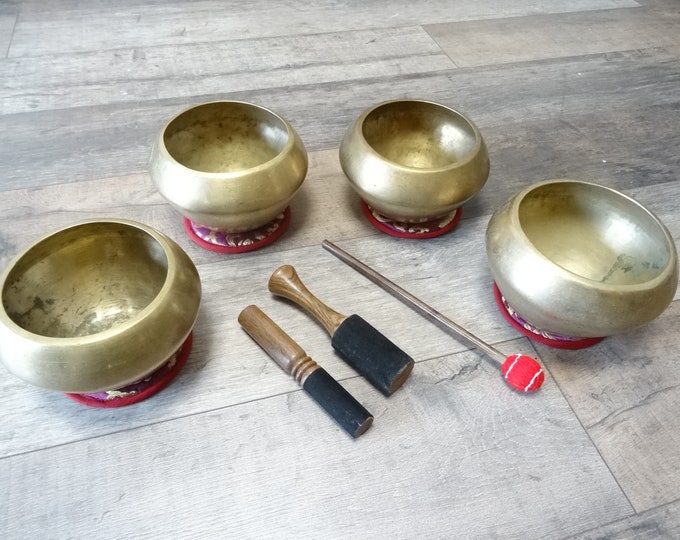 Set of 4 Antique Old Goalbati Buddha Singing Bowls Meditation Sound Therapy Healing E4, G4, F4, A4