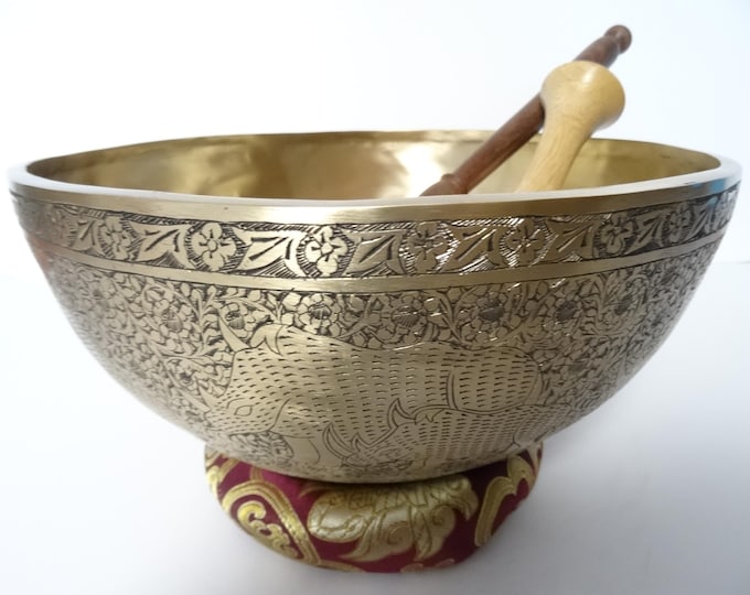 11.5" Hand Carved Tibetan Singing Bowl: Handmade Sound Therapy, Note A2 Third Eye
