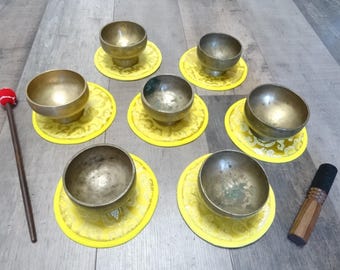 Set of 7 Baby Naga Antique Vintage Tibetan Singing Bowls Pedestal Naga Himalayan Sound Therapy Healing Buddhism.
