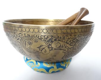9.5" Hand Carved Tibetan Singing Bowl: Handmade Sound Therapy, Note D3 Sacral