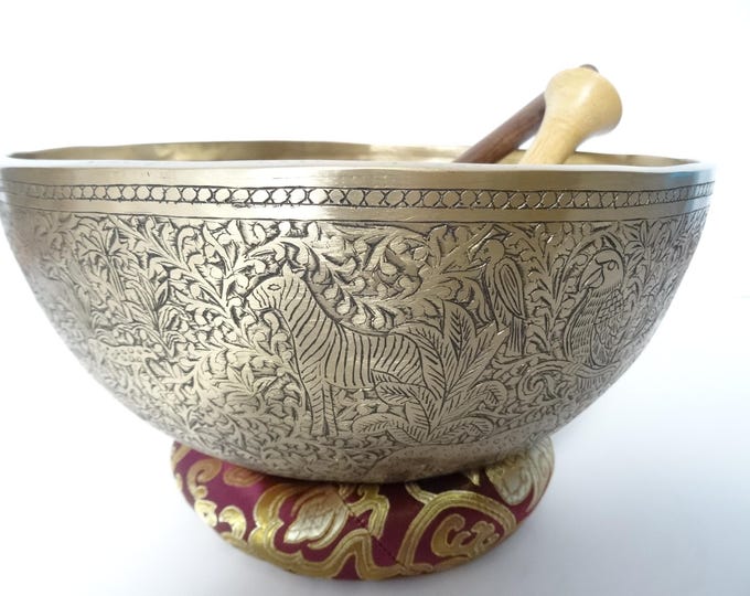 11.25" Hand Carved Tibetan Singing Bowl: Handmade Sound Therapy, Note G#2