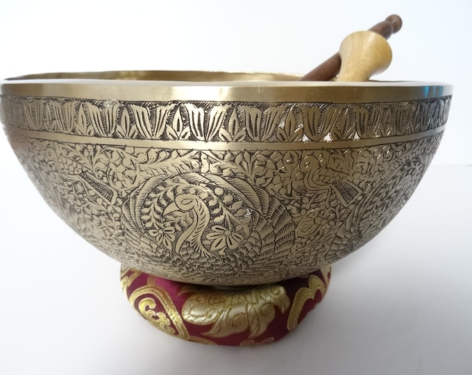 11.5" Hand Carved Tibetan Singing Bowl: Handmade Sound Therapy, Note A#2 Third Eye