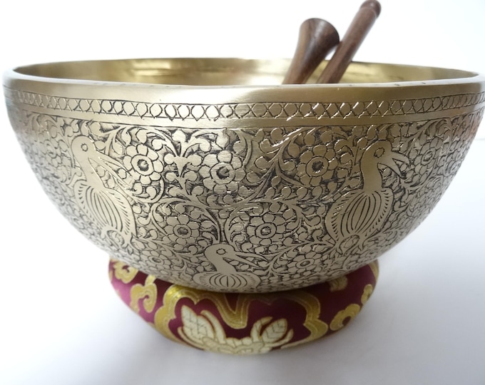 9.5" Hand Carved Tibetan Singing Bowl: Handmade Sound Therapy, Note D3 Sacral