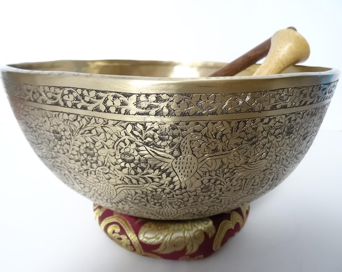 12" Hand Carved Tibetan Singing Bowl: Handmade Sound Therapy, Note F#2 Heart