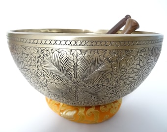 10.5" Hand Carved Tibetan Singing Bowl: Handmade Sound Therapy, Note B2 Crown