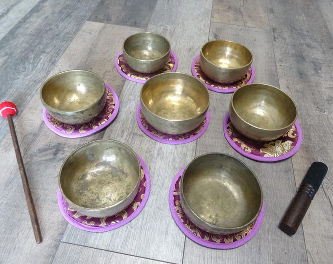 Antique Tibetan Singing Bowls, Set Of 7 Thadobati Cup, Hand Made, Himalayan Meditation, Sound Therapy.