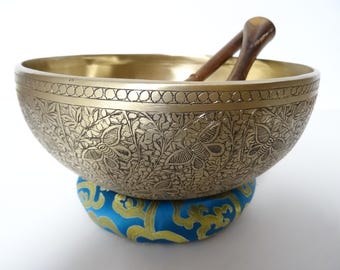 9" Hand Carved Tibetan Singing Bowl: Handmade Sound Therapy, Note F3 Heart