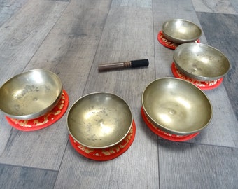 Rare Set Of 5 Antique Urna Lingam Himalayan Tibetan Singing Bowls Sound Healing Therapy