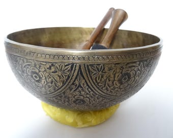 8.5" Hand Carved Tibetan Singing Bowl: Handmade Sound Therapy, Note D#3 Sacral