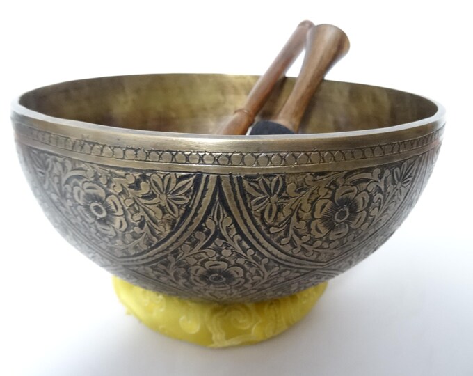 8.5" Hand Carved Tibetan Singing Bowl: Handmade Sound Therapy, Note D#3 Sacral
