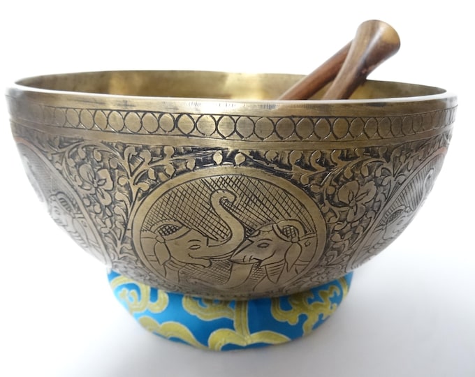 9" Hand Carved Tibetan Singing Bowl: Handmade Sound Therapy, Note F3 Heart