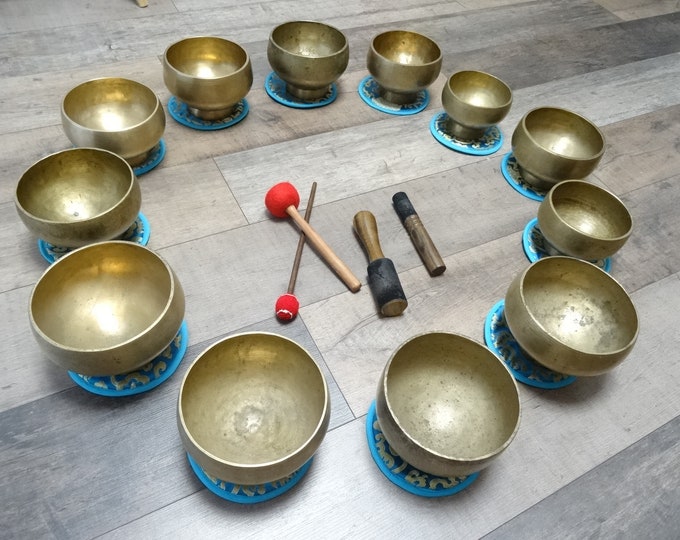 Set of 12 large Antique Vintage Tibetan Singing Bowls Pedestal Naga Himalayan Sound Therapy Healing Buddhism.