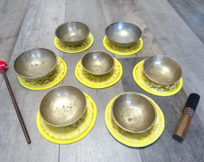 Set of 7 Antique Manipuri Tibetan Himalayan Singing Bowl Hand Made Meditation Sound Therapy Healing Temple Sounds