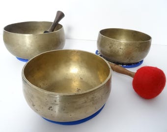 Trio of Antique Remuna Tibetan Singing Bowls Meditation Sound Therapy G3 A3 B3