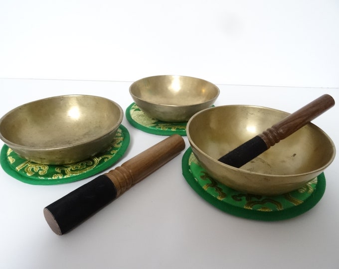 Trio of Antique Manipuri Tibetan Himalayan Singing Bowl Hand Made Meditation Sound Therapy Healing Temple Sounds