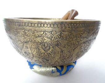 9.5" Hand Carved Tibetan Singing Bowl: Handmade Sound Therapy, Note A#2 Third Eye