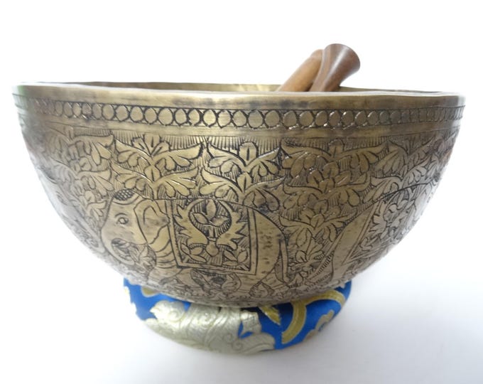 9.5" Hand Carved Tibetan Singing Bowl: Handmade Sound Therapy, Note A#2 Third Eye
