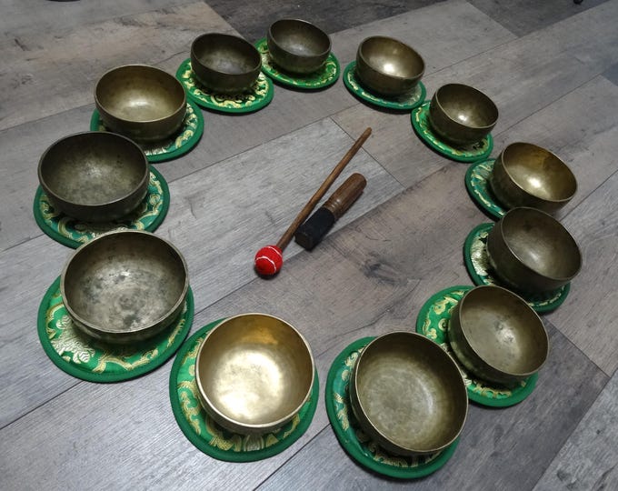 Antique Tibetan Thadobati Singing Bowl Set of 12, Himalayan Sound Therapy Chakra Set