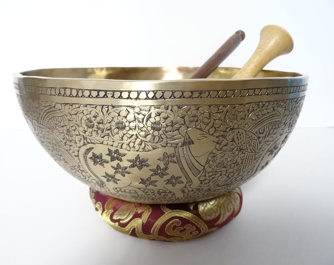 11.25" Hand Carved Tibetan Singing Bowl: Handmade Sound Therapy, Note A2