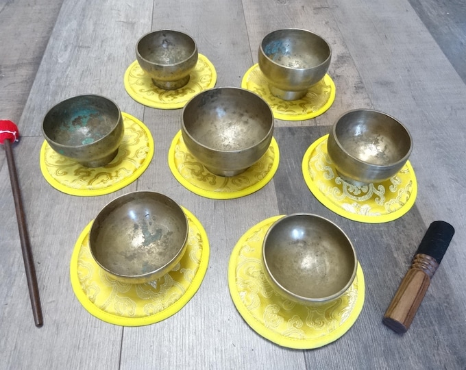 Set of 7 Baby Naga Antique Vintage Tibetan Singing Bowls Pedestal Naga Himalayan Sound Therapy Healing Buddhism.