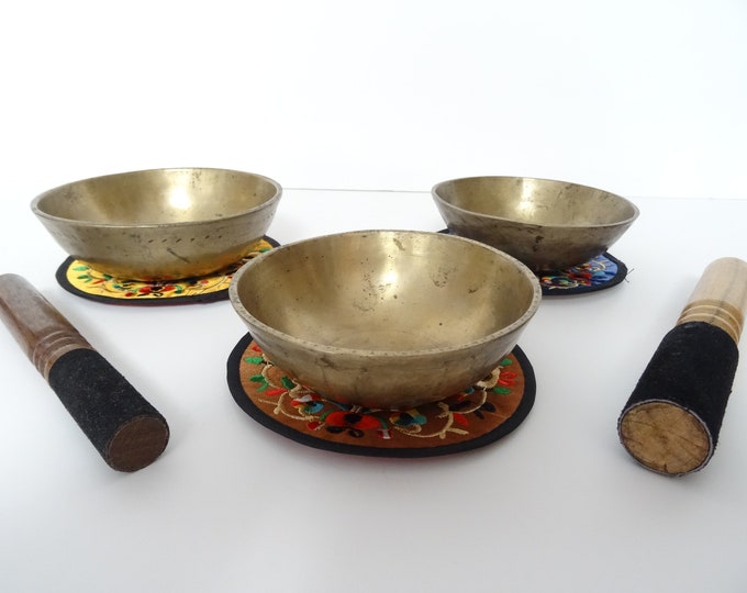 Trio of Antique Manipuri Tibetan Himalayan Singing Bowl Hand Made Meditation Sound Therapy Healing Temple Sounds