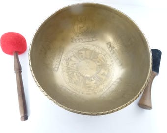 10" Large, Etched Sound Therapy, Tibetan Singing Bowl, Hand Made, Healing, Note C3, Root