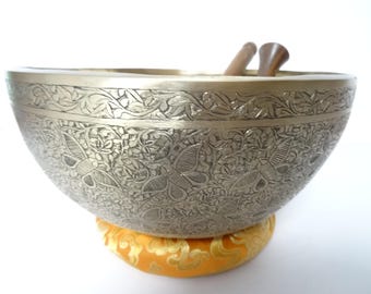 10.5" Hand Carved Tibetan Singing Bowl: Handmade Sound Therapy, Note C3 Root