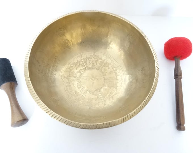 10" Large, Etched Sound Therapy, Tibetan Singing Bowl, Hand Made, Healing, Note A3, Third Eye
