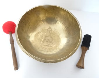 10" Large, Etched Sound Therapy, Tibetan Singing Bowl, Hand Made, Healing, Note A3, Third Eye