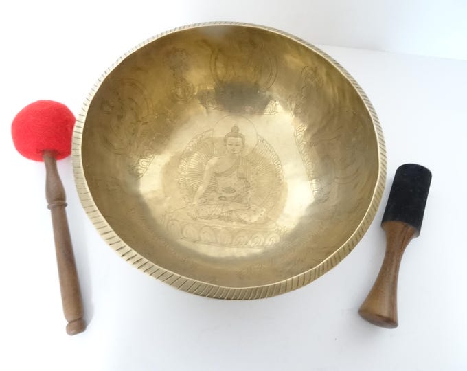 10" Large, Etched Sound Therapy, Tibetan Singing Bowl, Hand Made, Healing, Note A3, Third Eye