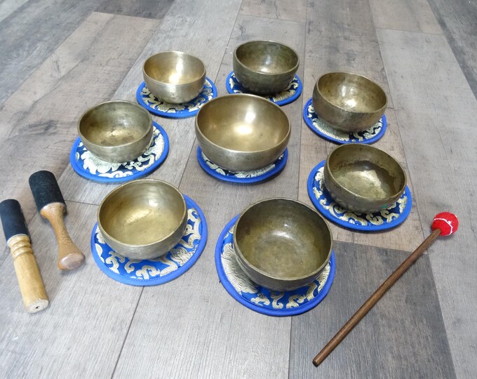 Antique Tibetan Singing Bowls, Set Of 8, Hand Made, Himalayan Meditation, Sound Therapy Cup Thaobati Set of 8