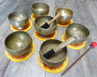 Set of 7 Medium Antique Vintage Tibetan Singing Bowls Pedestal Naga Himalayan Sound Therapy Healing Buddhism.