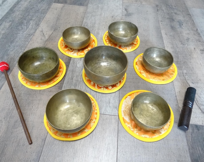 Antique Tibetan Singing Bowls, Set Of 7 Thadobati Cup, Hand Made, Himalayan Meditation, Sound Therapy.