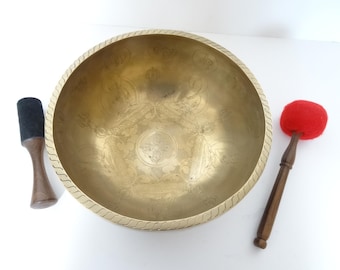 10.25" Large, Etched Sound Therapy, Tibetan Singing Bowl, Hand Made, Healing, Note G#3, Throat