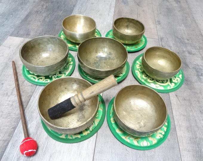 Antique Tibetan Singing Bowls, Set Of 7 Thadobati Cup, Hand Made, Himalayan Meditation, Sound Therapy.