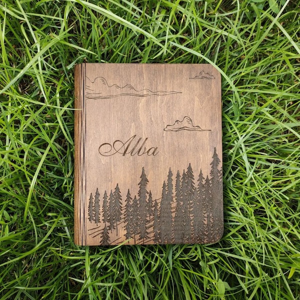 Natural Wooden Notebook / A5 / Wood Book Personalized Gifts for Her / Wild Forest