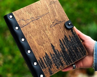 Wooden Notebook with natural leather / A5 / Wood Book Personalized Gifts for Her / Wild Forest