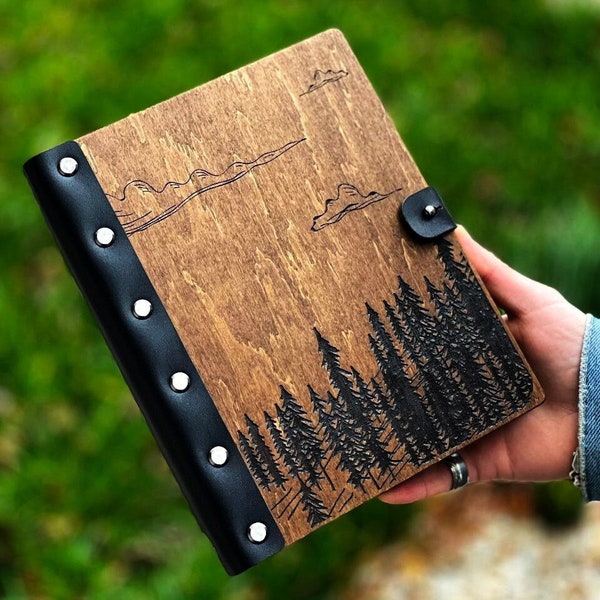 Wooden Notebook with natural leather / A5 / Wood Book Personalized Gifts for Her / Wild Forest