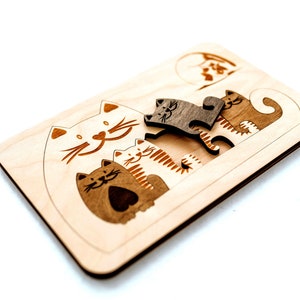 Rompecabezas de madera Familia gato / Regalos para bebés / Juguetes educativos para el hogar / gatito / Juguete educativo