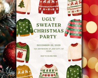 Op de afbeelding: Een uitnodiging voor een Ugly Sweater Christmas Party. Het ontwerp toont negen verschillende sweater illustraties in diverse kleuren, waaronder rood, groen en crème. De tekst "Ugly Sweater Christmas Party" wordt weergegeven, samen met de datum, het adres en de RSVP-informatie.