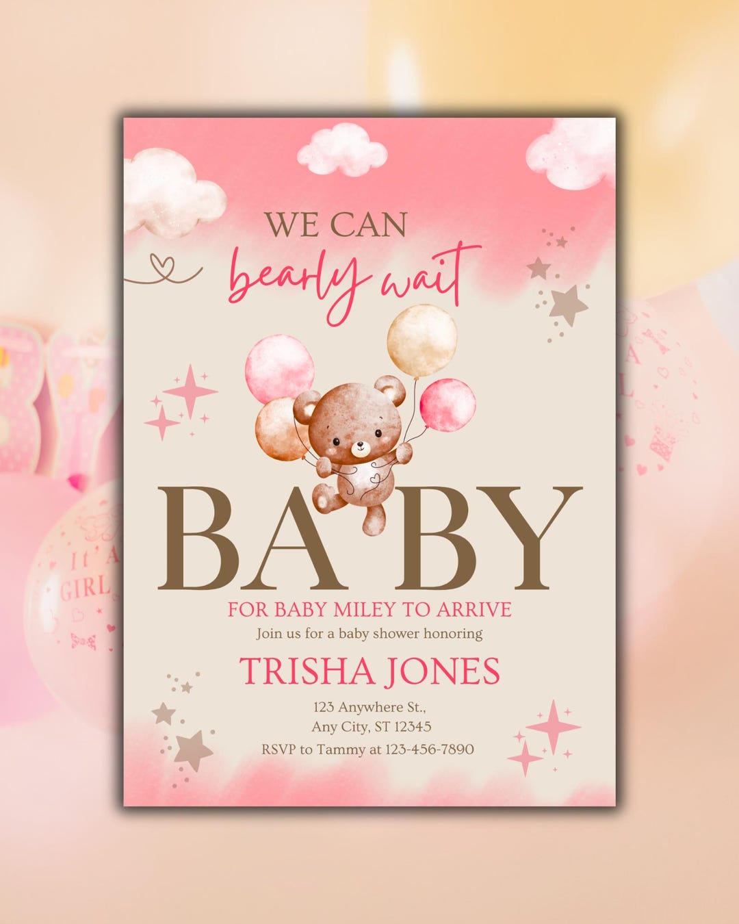 Baby Shower Invite, Teddy Bear Pink Girl Design (editable Canva ...