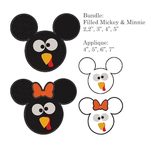 BUNDLE - Minnie & Mickey Mouse Turkey Thanksgiving Machine Embroidery Design. Both Applique and Filled.