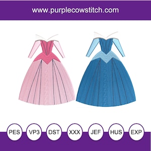 BUNDLE - Pink and Blue dresses. Princess Aurora Dress Ball Gown Machine Embroidery Design. Sleeping Beauty