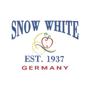 May include: A blue and white logo with the text "SNOW WHITE" in a stylised font. Below the text is a stylised red apple with a green leaf and yellow swirls. The text "EST. 1937" and "GERMANY" are below the apple.