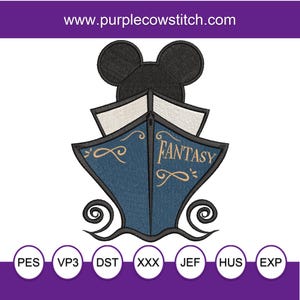 Diseño de bordado a máquina inspirado en la línea de cruceros Magical Mouse. Barco de fantasía.