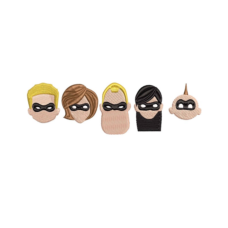 Puede incluir: Rostros bordados de la familia Incre&iacute;bles, incluyendo a Mr. Incre&iacute;ble, Elastigirl, Violet, Dash y Jack-Jack. Los personajes llevan todas sus m&aacute;scaras distintivas.