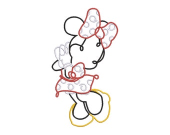 Peut inclure: Un dessin au trait noir et blanc d'une souris de dessin animé portant une robe à pois rouges et un nœud rouge. La souris se tient debout sur ses pattes arrière, les bras levés.