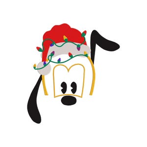 Könnte beinhalten: Ein Cartoon-Hund, der einen roten Weihnachtsmann-Hut mit weißem Besatz und eine grüne Girlande aus Weihnachtslichtern um den Hut trägt. Der Hund hat schwarze Ohren und eine schwarze Nase.