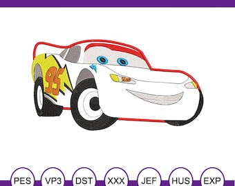 Pode incluir: Um carro de corrida de desenho animado branco e vermelho com o número 95 no lado. O carro tem um rosto sorridente com olhos azuis.