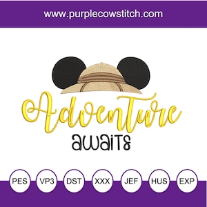 May include: An embroidery design featuring a tan safari hat with black mouse ears, the yellow cursive text Adventure, and the black text AWAITS. The website www.purplecowstitch.com is at the top, with file formats PES, VP3, DST, XXX, JEF, HUS, and EXP below.